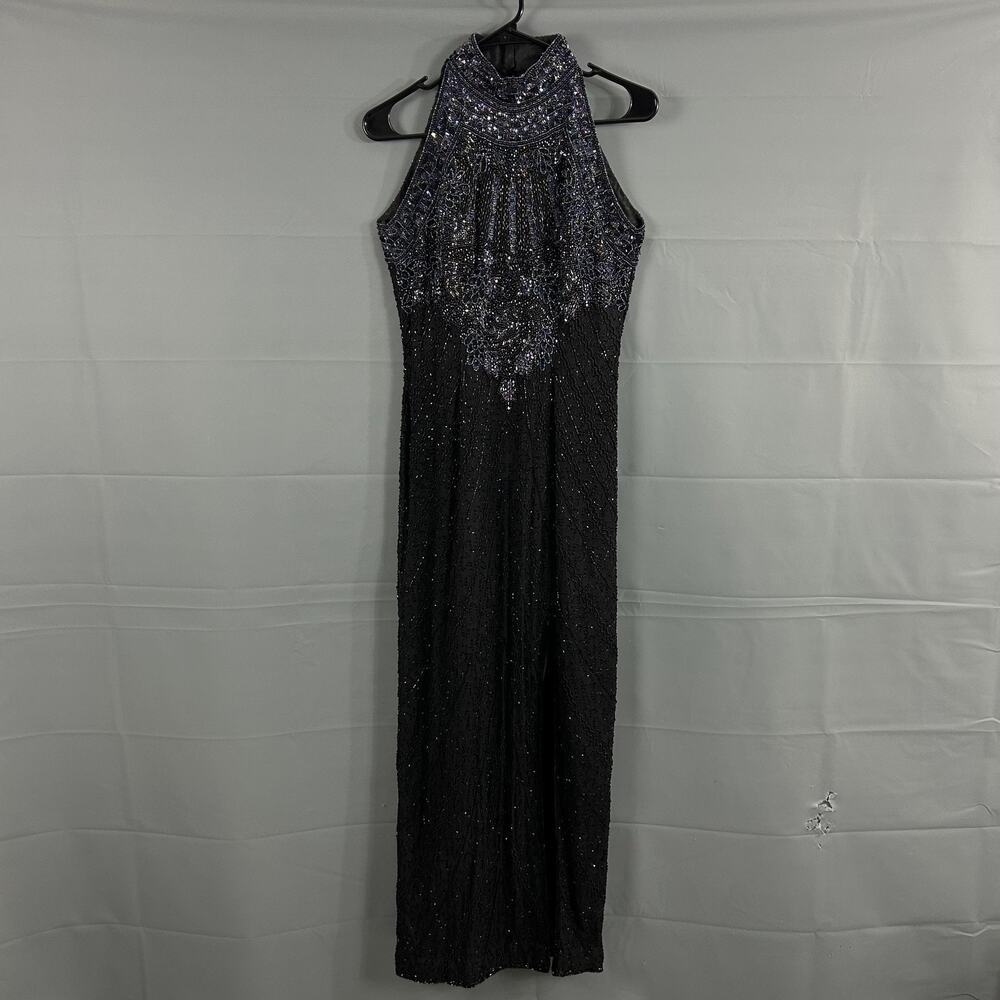 Vintage Adrianna Papell Dress 4 Beaded Silk Halter Maxi Sheath Evening Gown Chic
